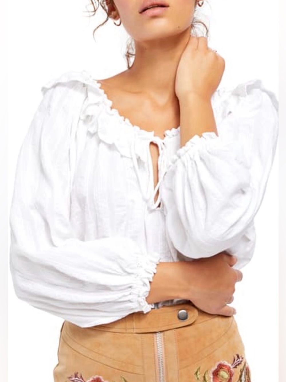 Free People White Peasant Blouse with Ruffle Tie Neck